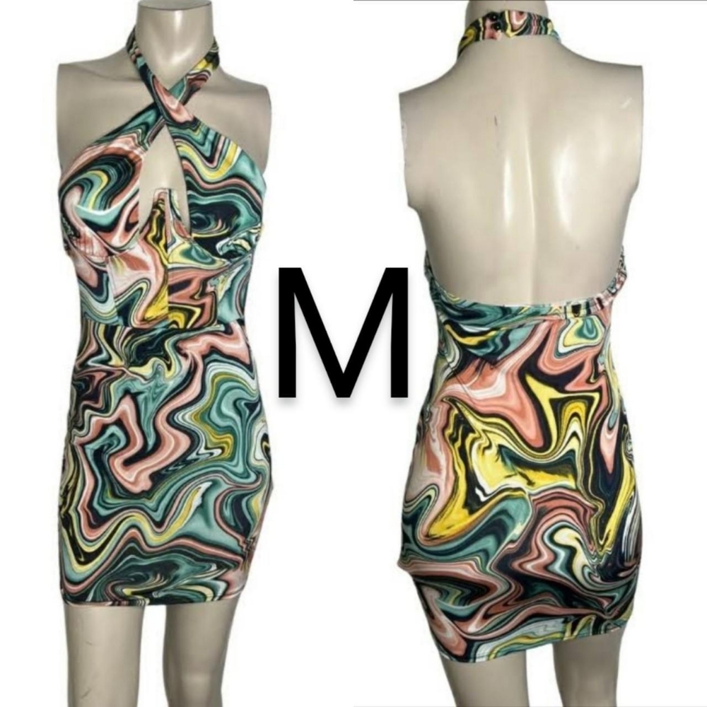 🆕Sexy Multi Color Wavy Print Halter Bustier Stretchy Mini Dress~Size M